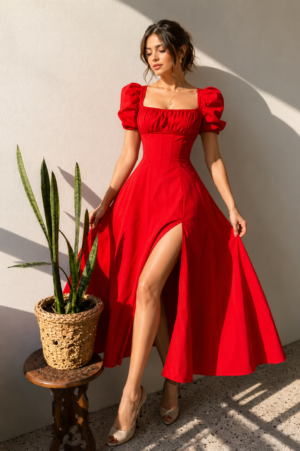 women's red puff sleeve high slit maxi dress