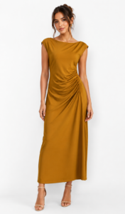 women's mustard ruched midi dress