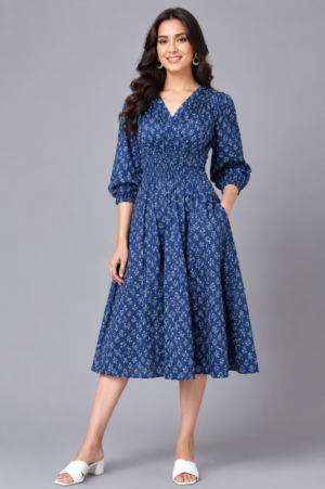 women's printed midi dress – blue