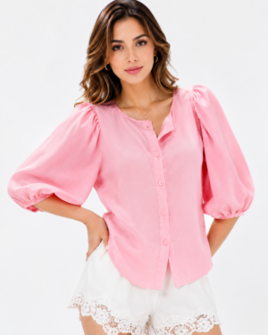 Women's Pink Puff Sleeve Button Top