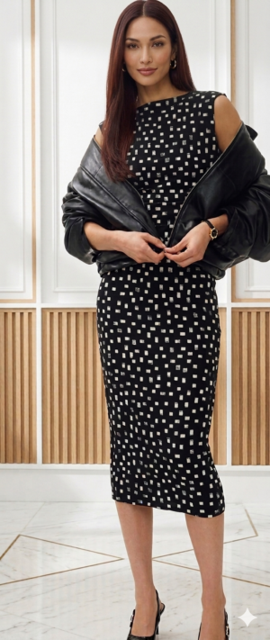 Women's Black Geometric Print Bodycon Midi Dress