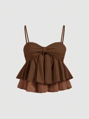chocolate bow front layered ruffle cami top