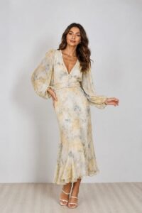 Women's Floral V-Neck Long Sleeve Midi Dress black velvet off shoulder evening gown (copy)