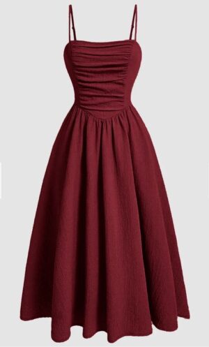 burgundy ruched bodice a line midi dress